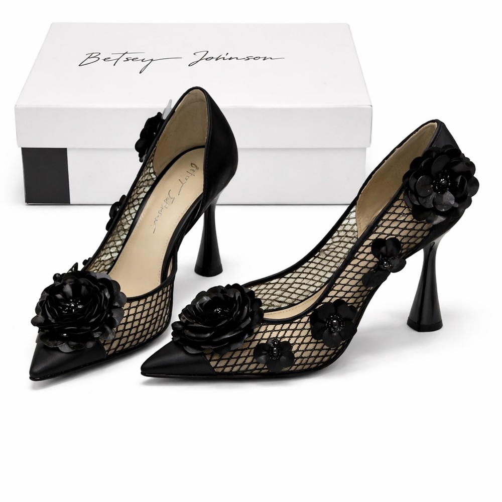 Betsey Johnson Black Mesh Heels with Floral Design